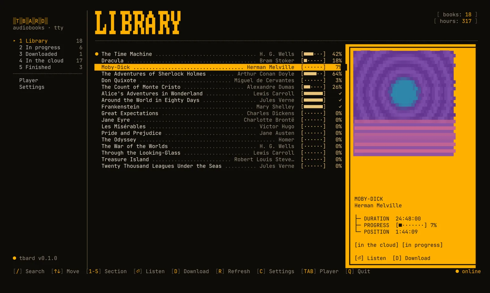tbard's library: a sidebar with sections, a list of books with progress bars and a card with the selected book's cover and details