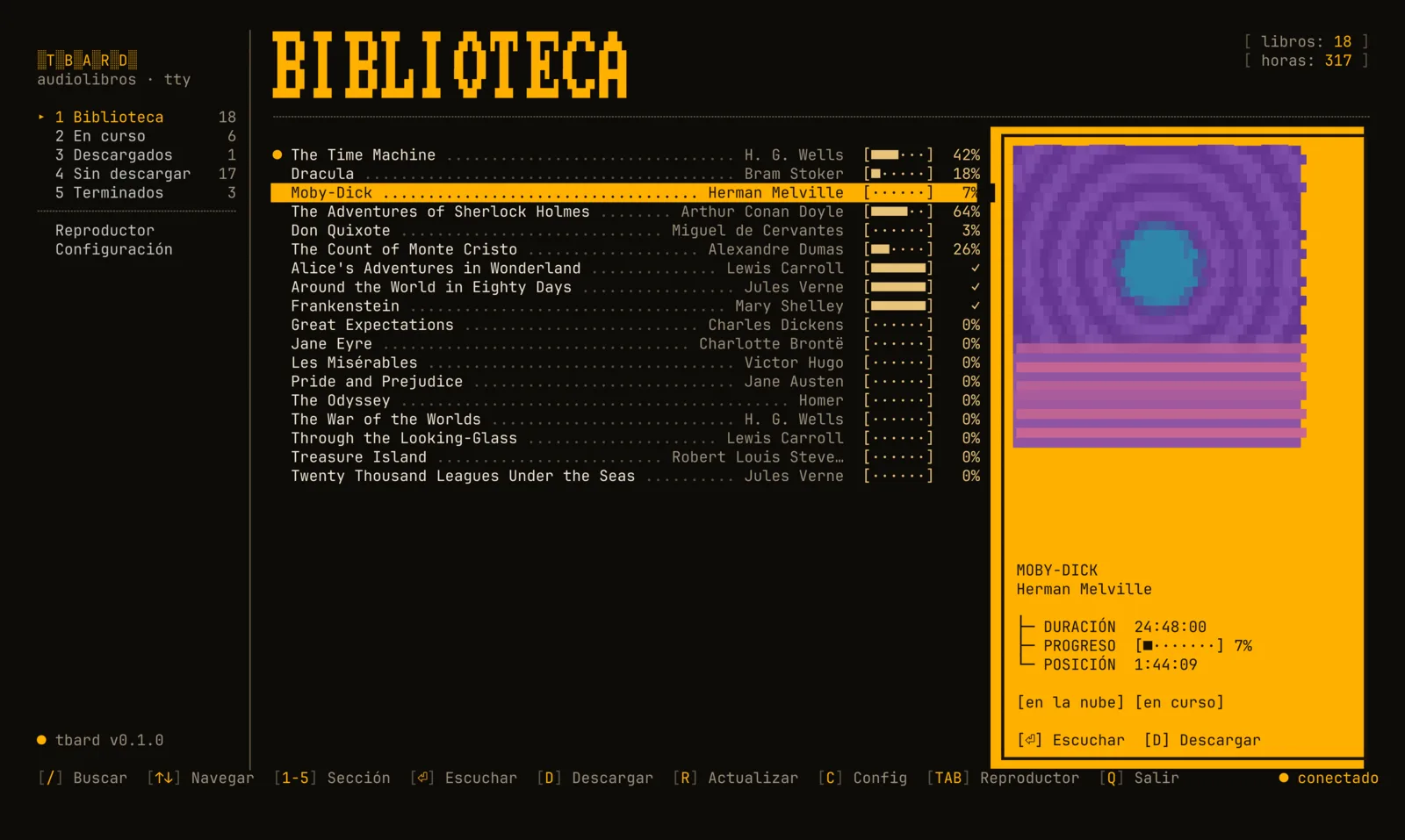La biblioteca de tbard: un menú lateral con secciones, la lista de libros con barras de progreso y una tarjeta con la portada y los datos del libro elegido
