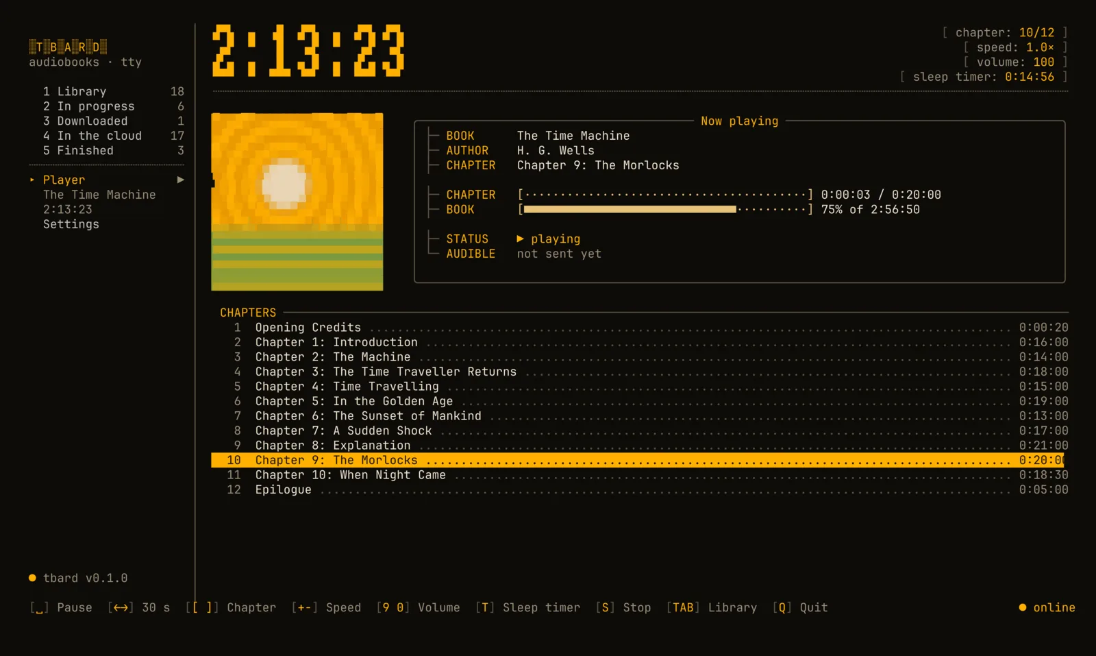 tbard's player: the current time in big digits, a now-playing box with progress bars and the chapter list
