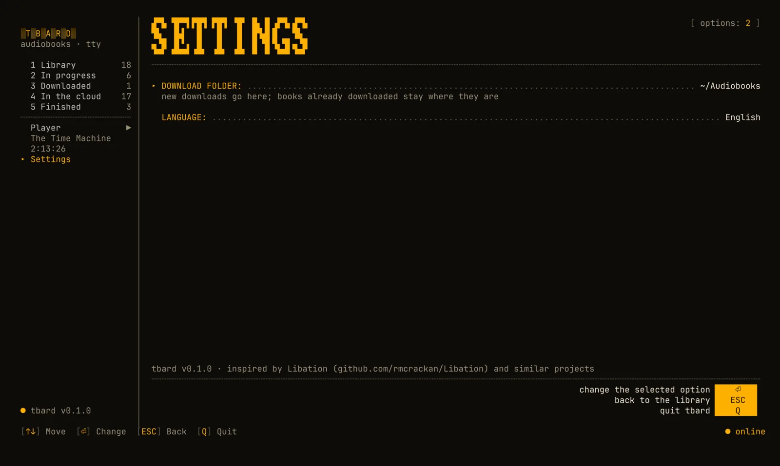 The settings screen with the download folder and the language