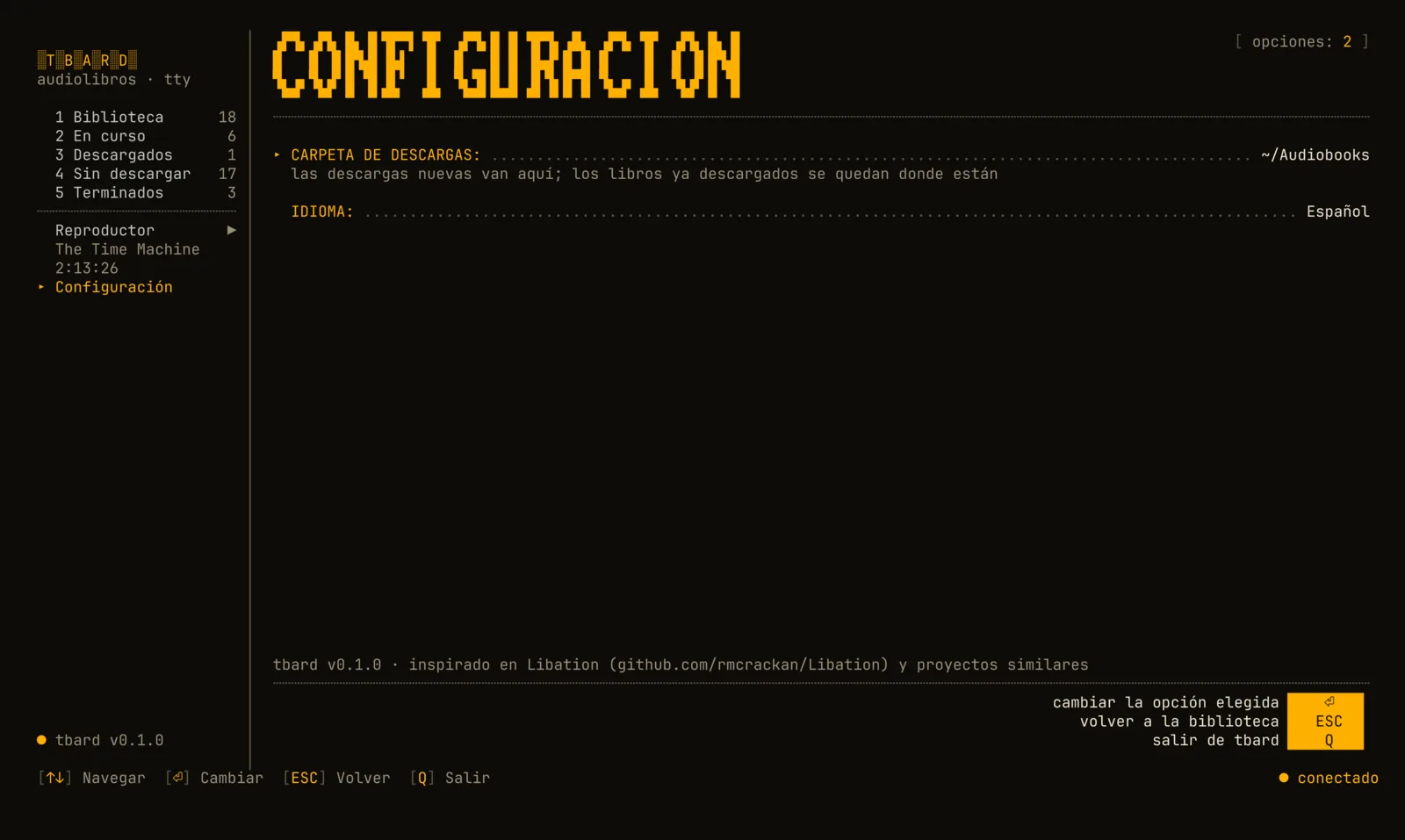 La pantalla de configuración con la carpeta de descargas y el idioma