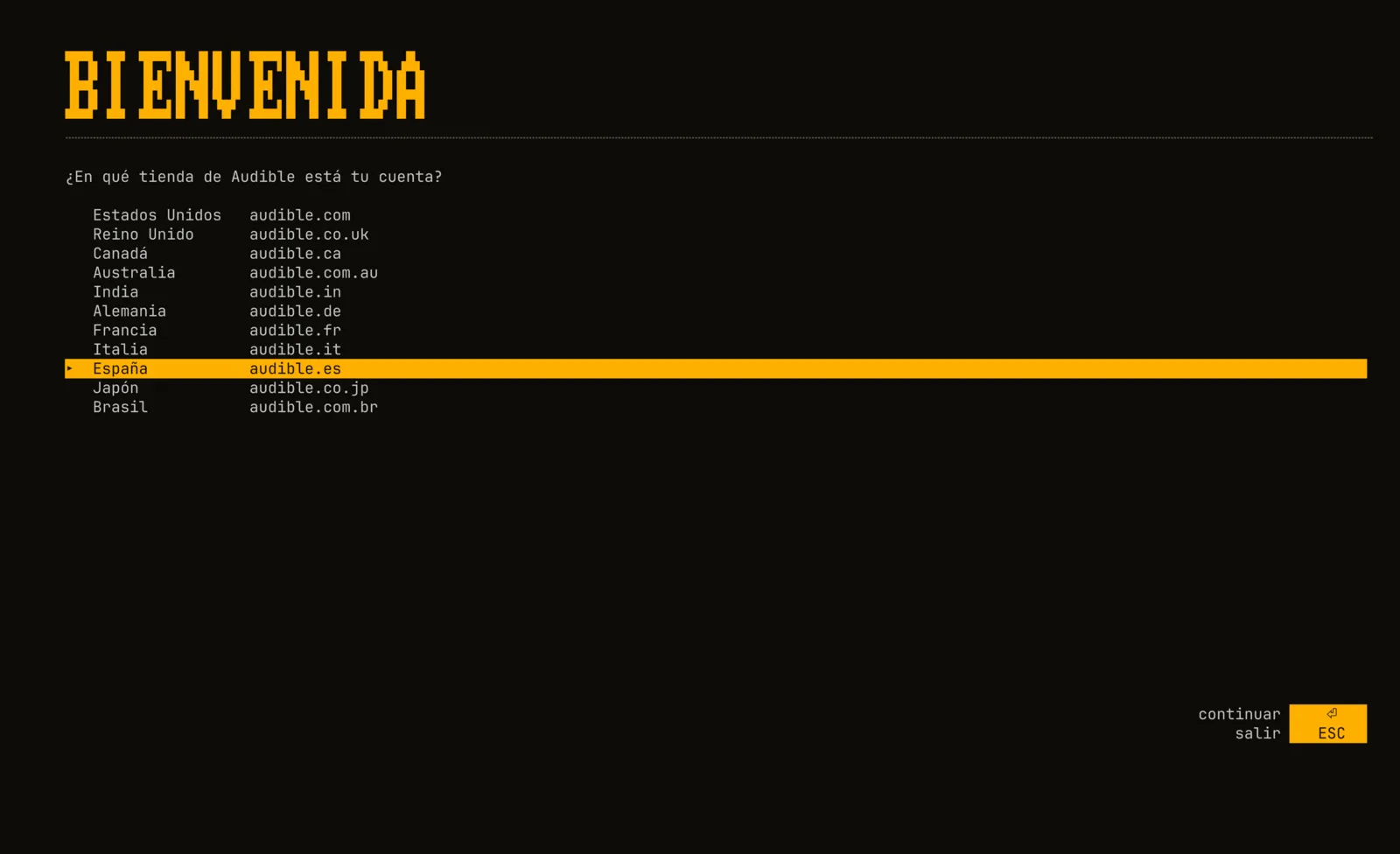 Primer arranque: lista de tiendas de Audible